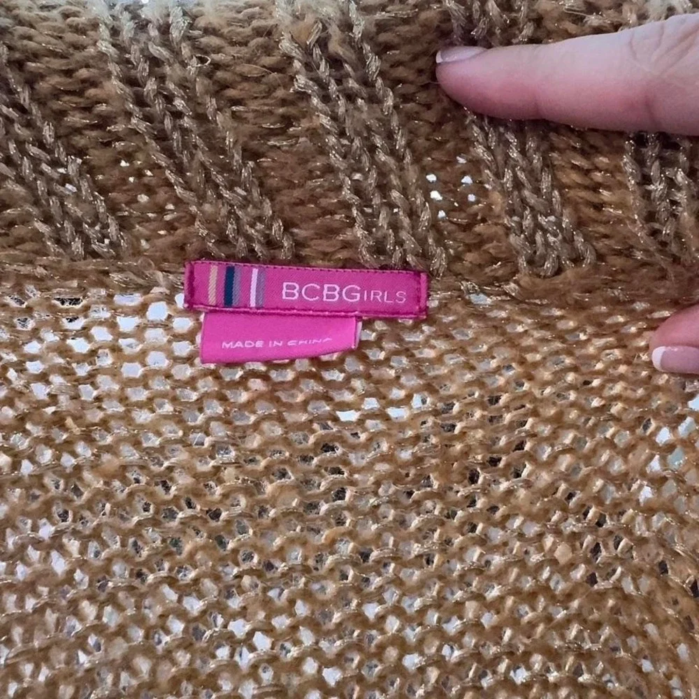 BCBGIRLS Gold Metallic Knit Cardigan Sweater Mustard Yellow Pointelle Button Up - Picture 7 of 8